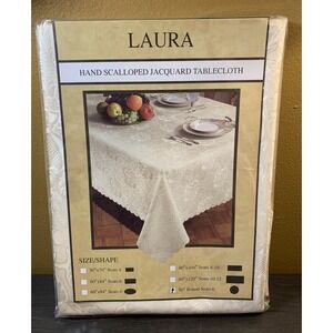 Vintage‎ Laura Round Hand Scalloped Jacquard Tablecloth 60" Beige